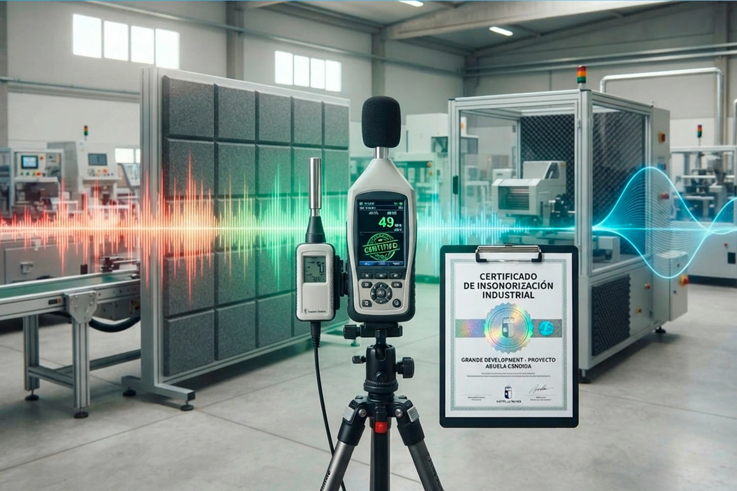 Equipos de medición de ruido y certificado de insonorización industrial en una fábrica con visualización de ondas sonoras.