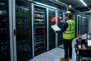 Técnico con chaleco de Grande Development realizando auditoría térmica en un pasillo de servidores de alta densidad.