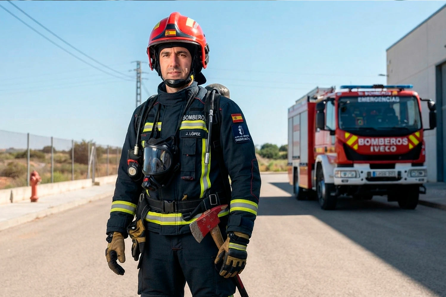 Bombero profesional con uniforme reglamentario y equipo de protección frente a un camión de emergencias en instalaciones industriales.