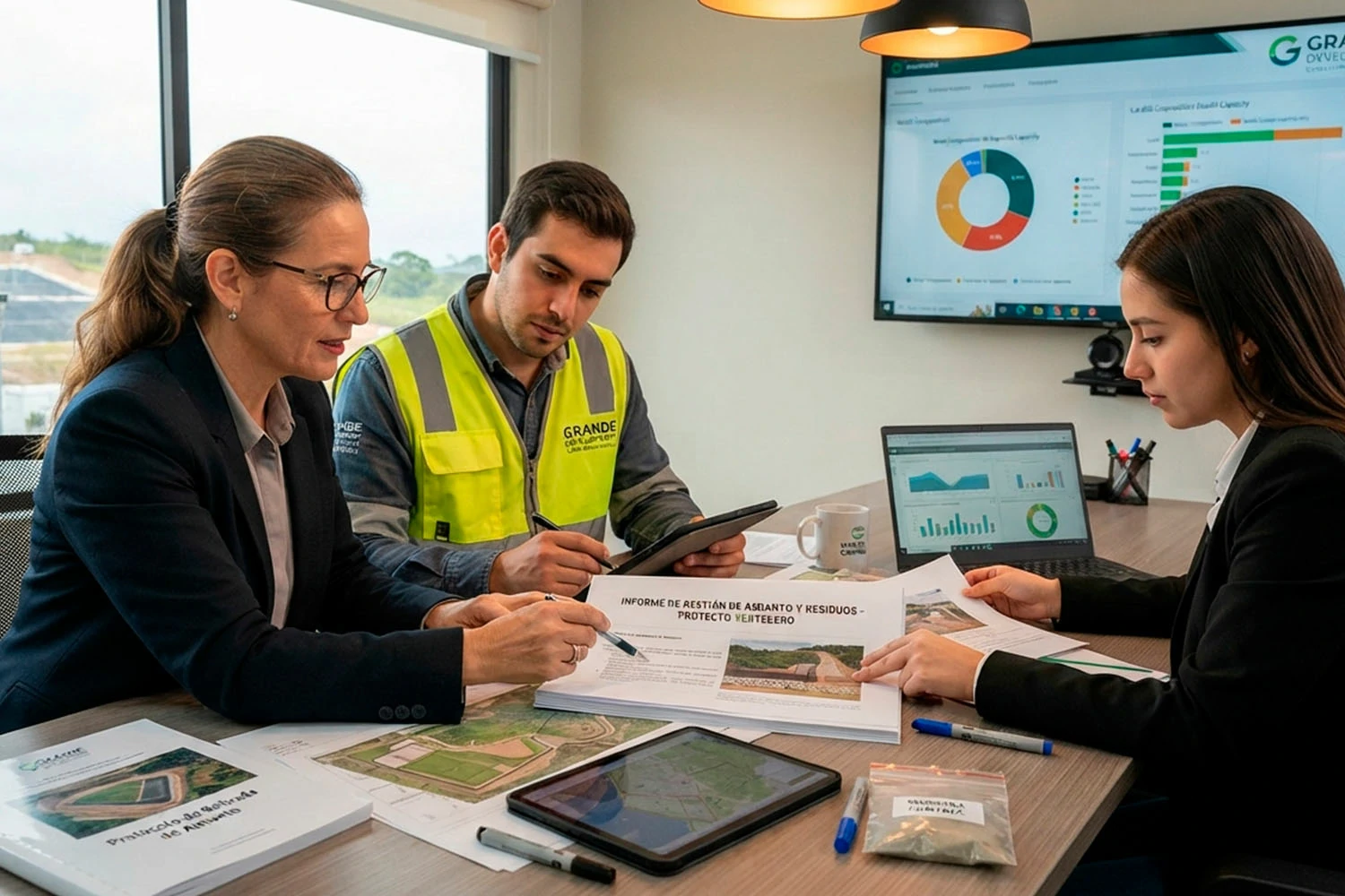 Técnicos especializados en consultoría ambiental revisando informes de gestión de amianto y residuos.