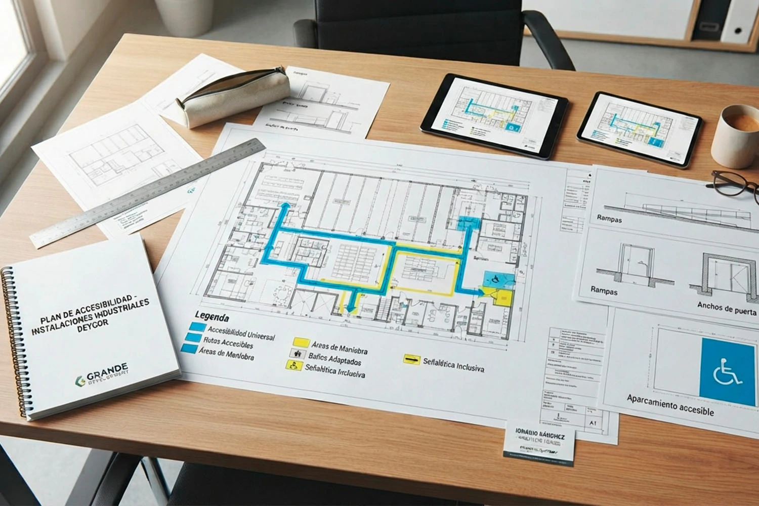 Planos arquitectónicos, esquemas de accesibilidad, un cuaderno corporativo y unas gafas sobre una mesa de trabajo en oficina.