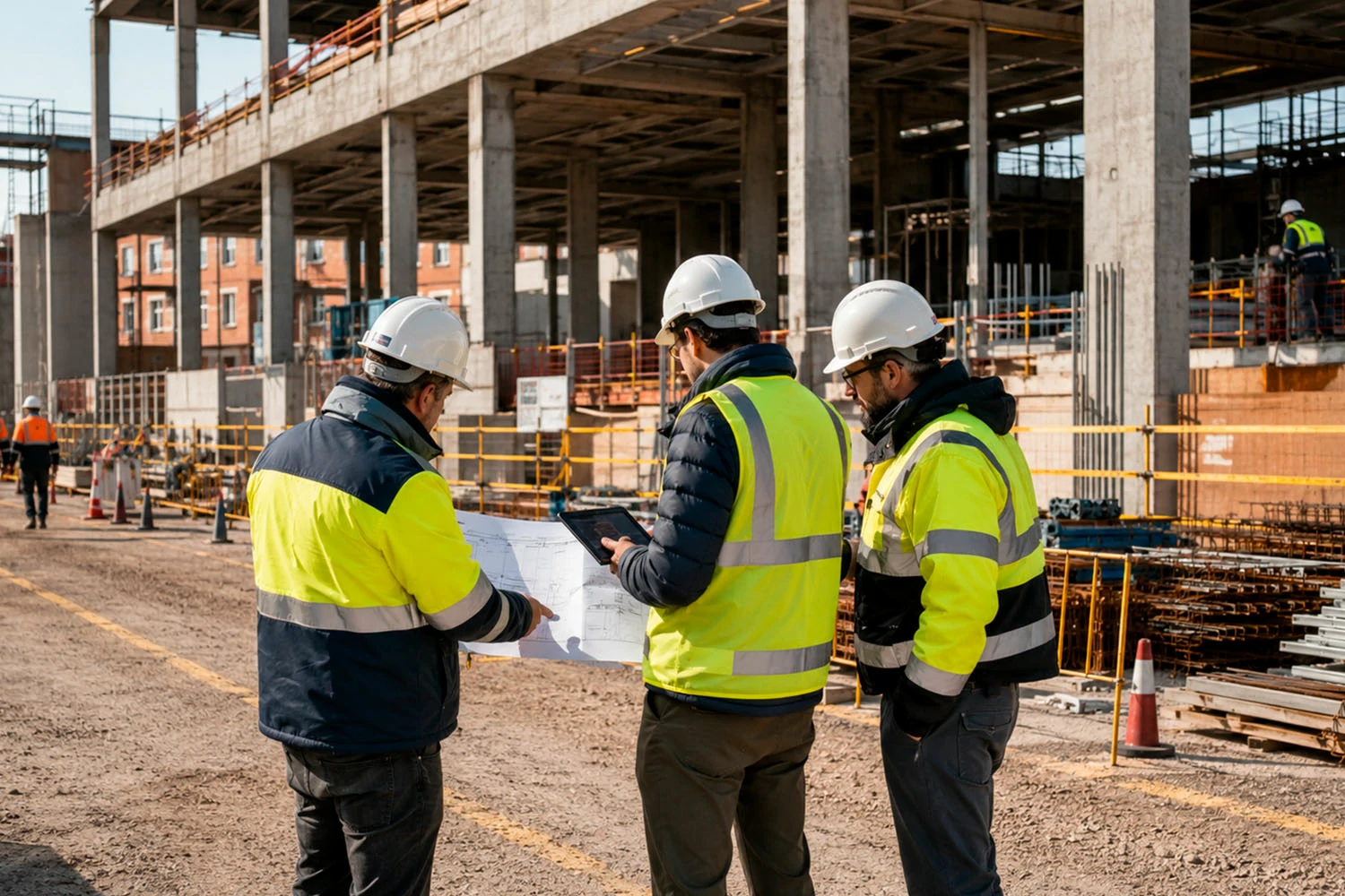Equipo técnico coordinando los trabajos y la seguridad durante una obra en Manzanares.