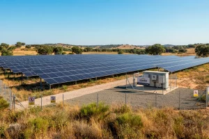 Ingeniero supervisor de Grande Development revisando planos y equipos técnicos en un parque solar fotovoltaico.