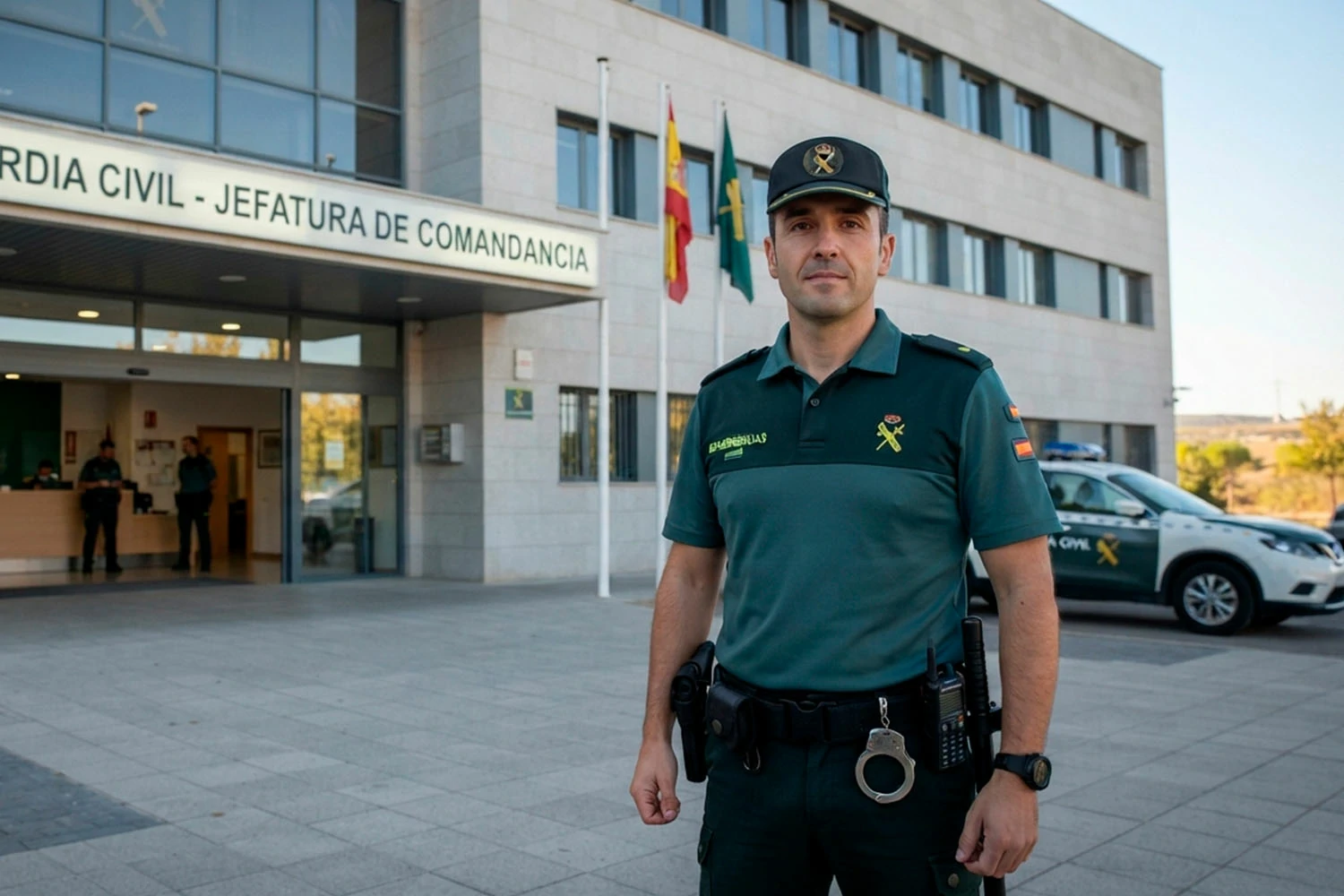 Oficial de la Guardia Civil con uniforme y equipo táctico posando frente a la fachada de la Jefatura de Comandancia en España.