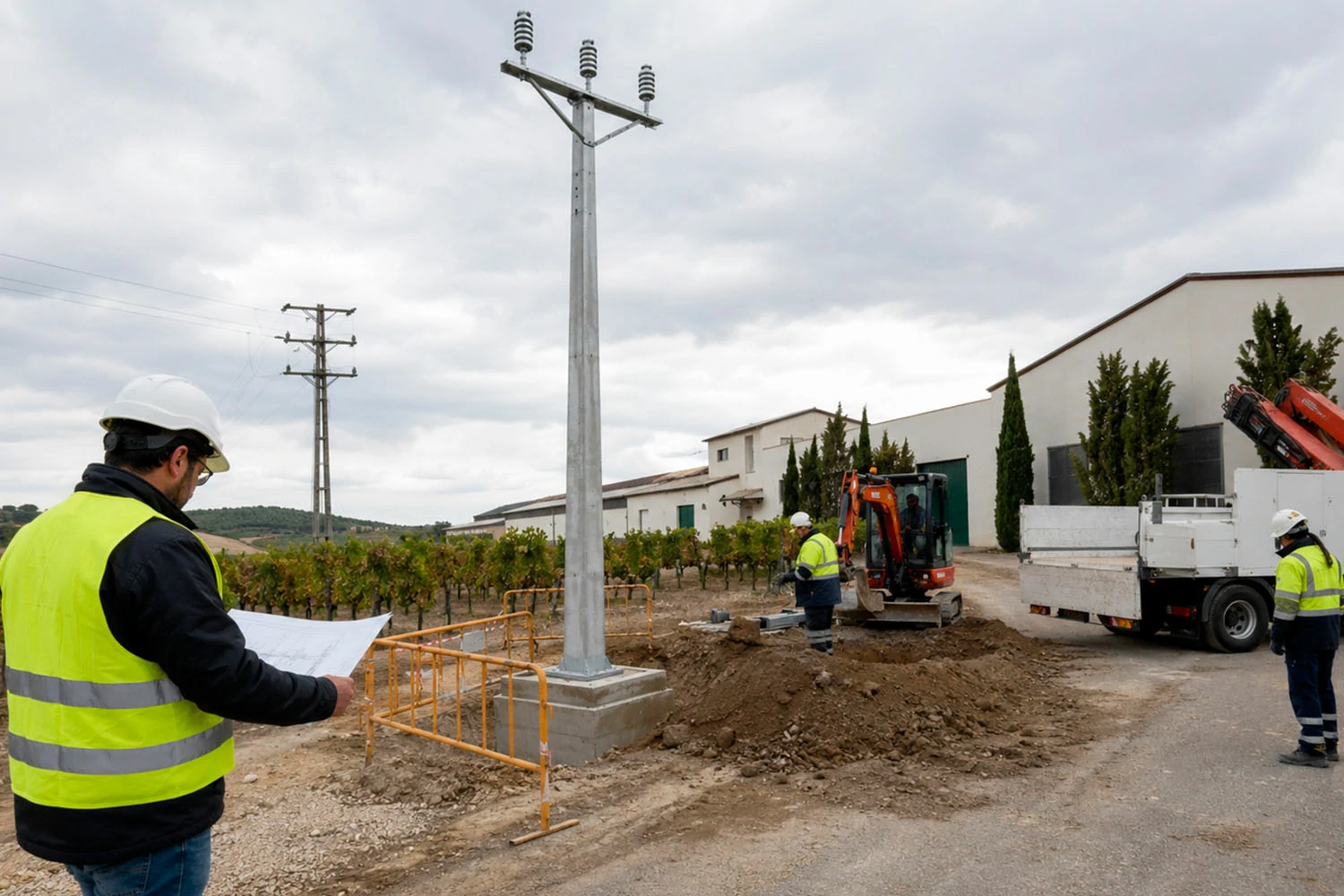 Técnicos revisando planos, topografía y cimentación de un poste de media tensión junto a las instalaciones de Vinícola Delgado.