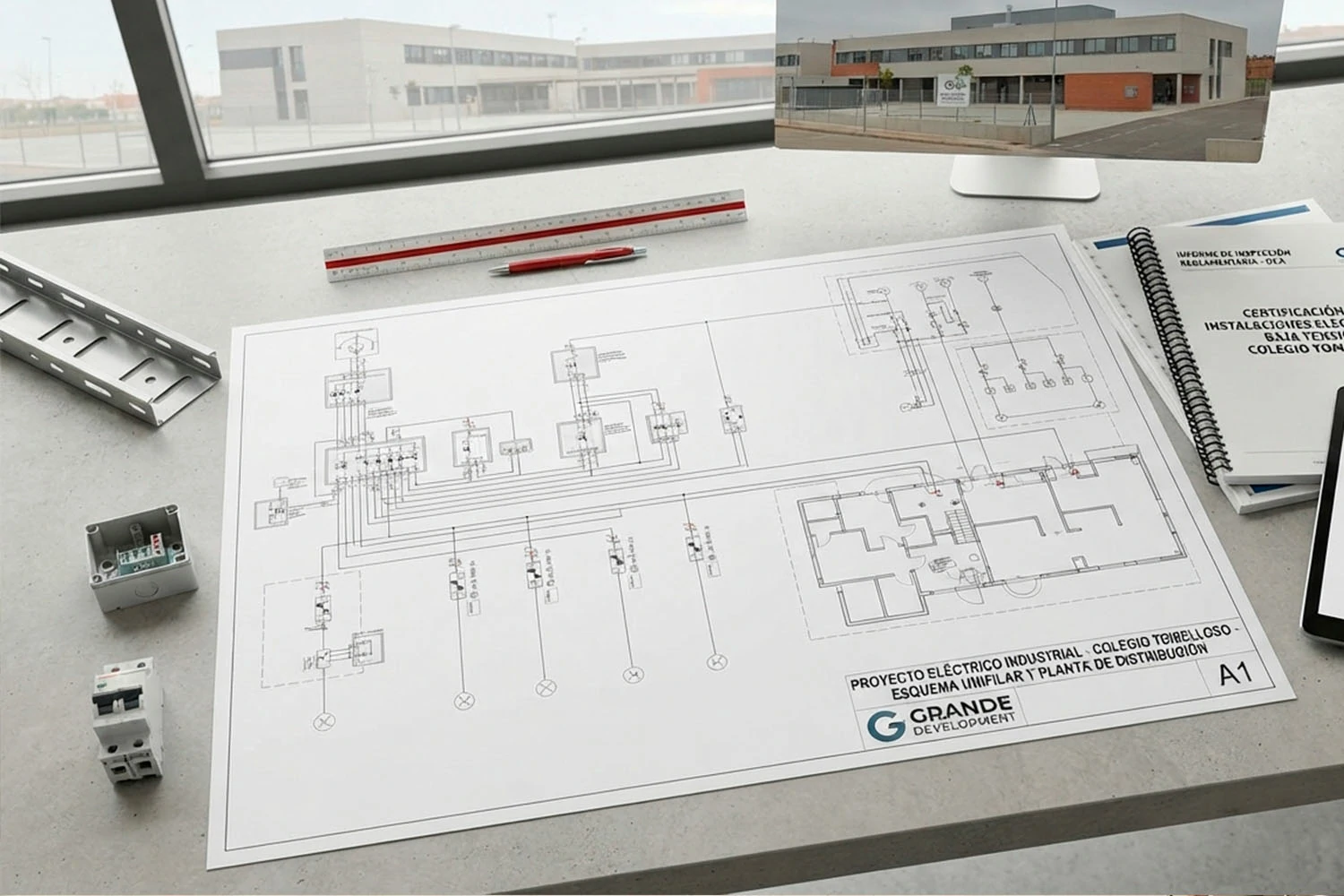 Planos de esquemas eléctricos, dossieres de certificación OCA y vista del Colegio Tomelloso sobre una mesa de trabajo técnica.