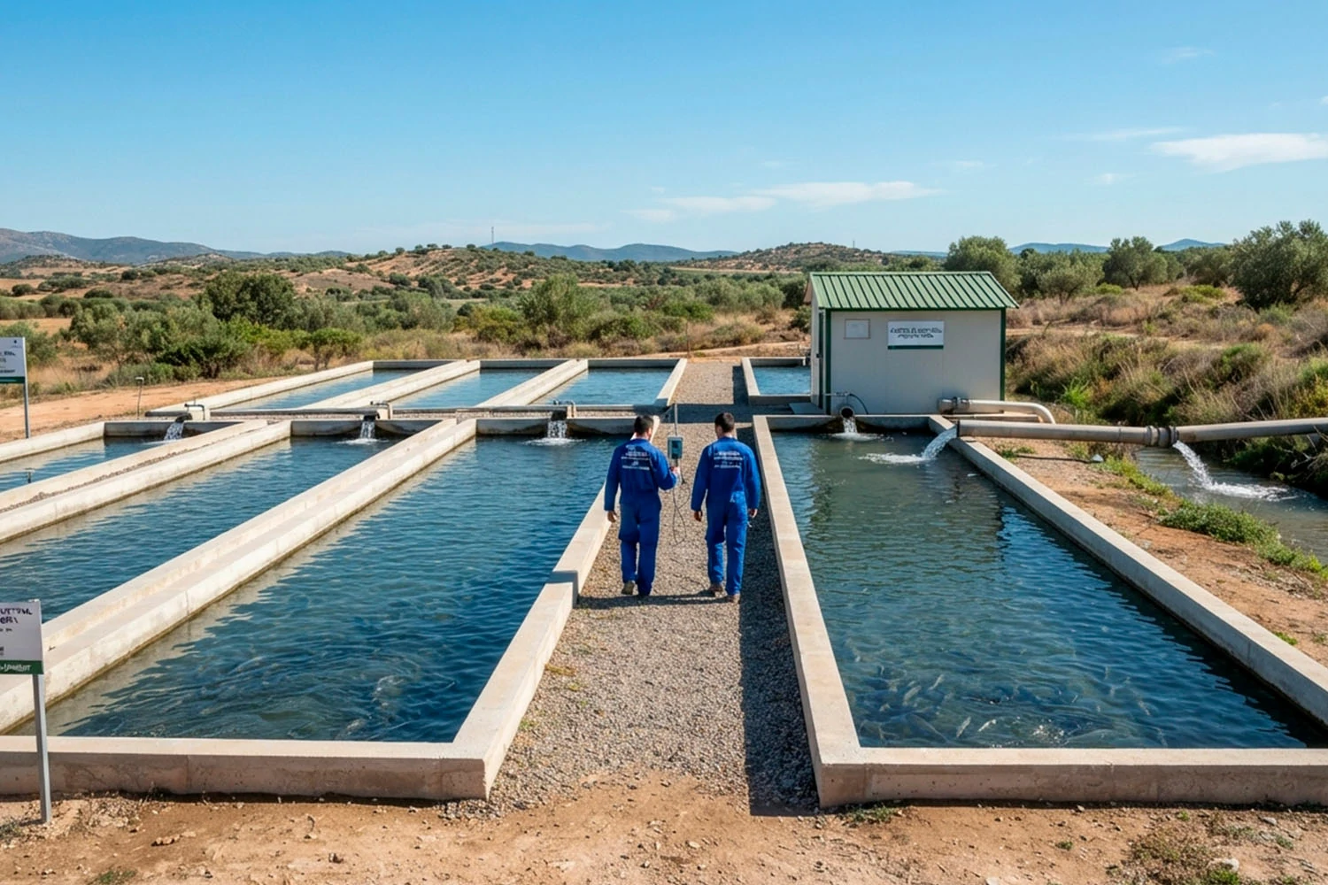 Instalaciones industriales y estanques de una piscifactoría durante el desarrollo del proyecto técnico.