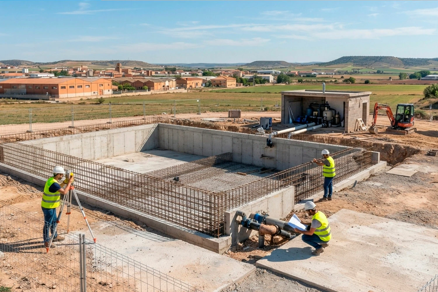 Vasos de piscina en fase de construcción y sistemas de depuración hidráulica en Quintanar del Rey.