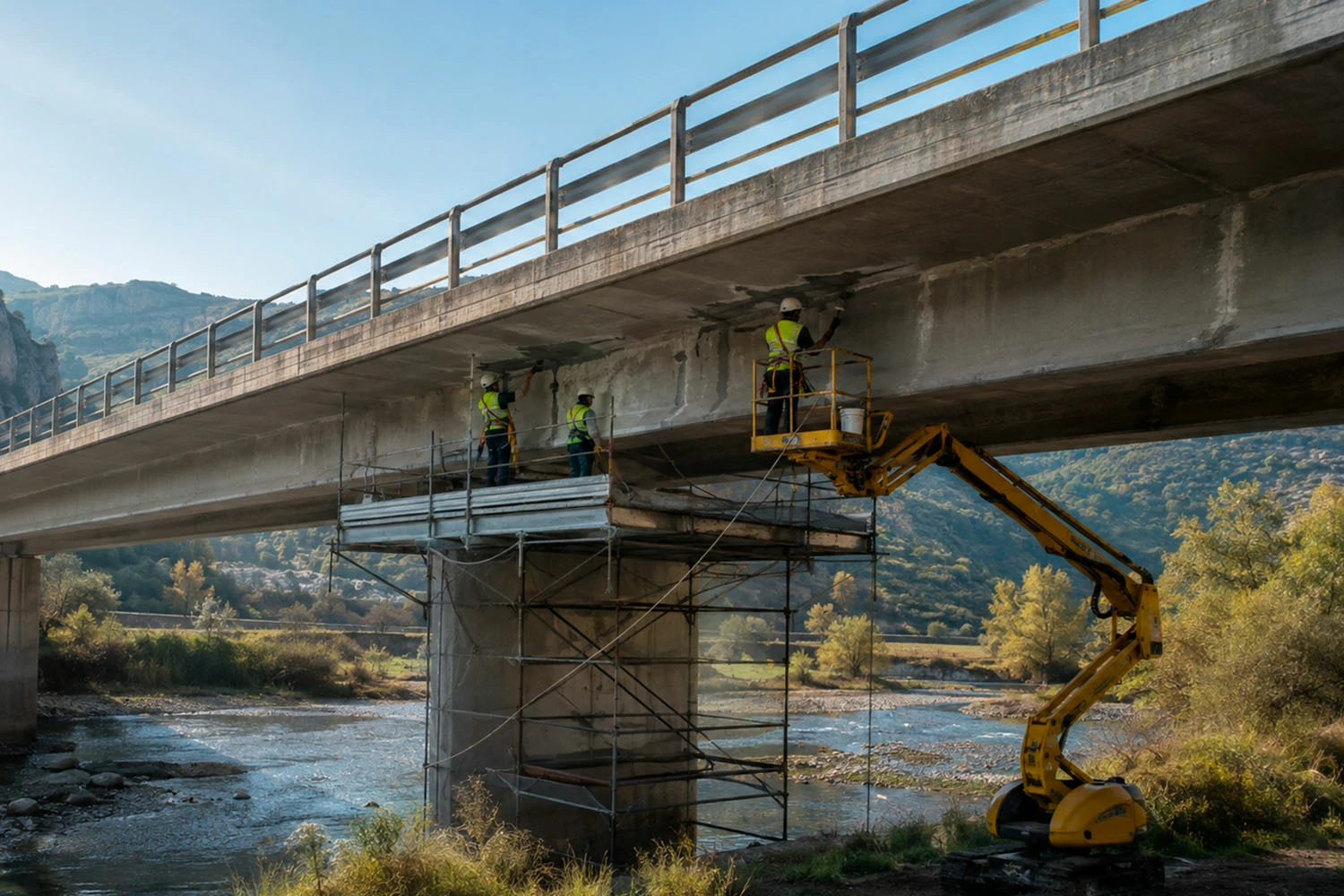 Trabajos de rehabilitación estructural bajo el tablero de un puente de hormigón.