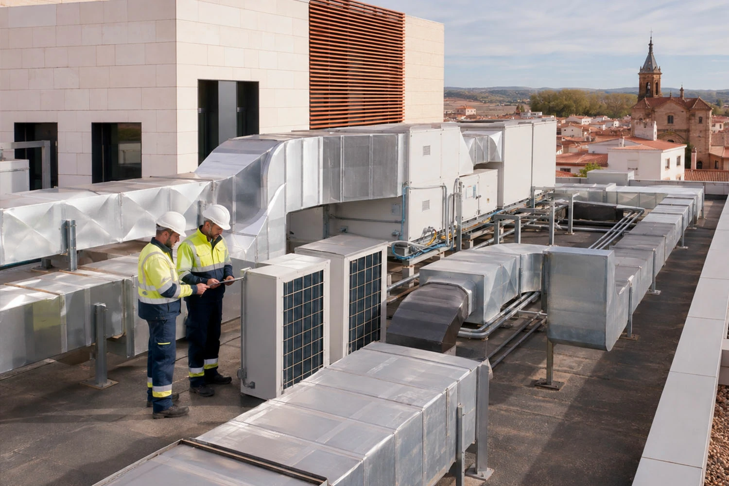 Equipos y conductos de ventilación y climatización instalados en la cubierta de un edificio.